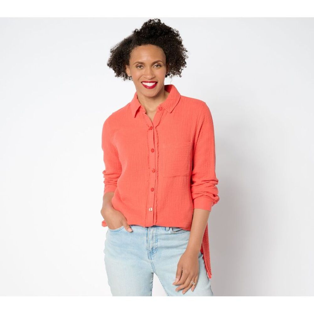 Belle by Kim Gravel Coral Button-Front Long-Sleeve Top